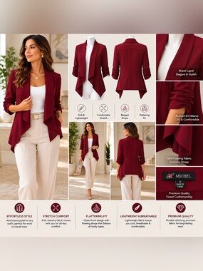 Michele Wine-Red Draped Open-Front Blazer